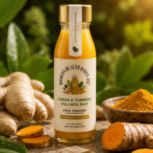A close-up shot of a cold-pressed ginger and turmeric wellness shot bottle surrounded by fresh organic ginger root and turmeric slices, showcasing the vibrant orange color of the anti-inflammatory blend.