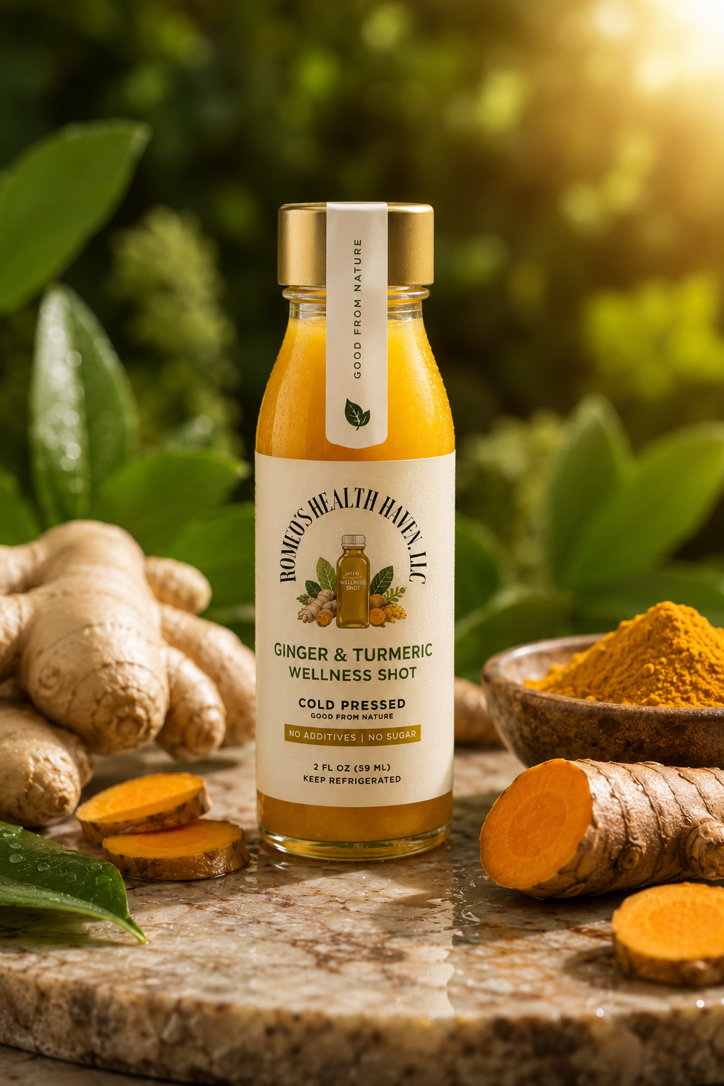 Ginger-Turmeric-Wellness-Shot-NYC A close-up shot of a cold-pressed ginger and turmeric wellness shot bottle surrounded by fresh organic ginger root and turmeric slices, showcasing the vibrant orange color of the anti-inflammatory blend.