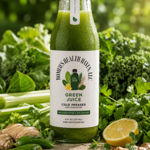 A vibrant green cold-pressed juice bottle in NYC made with kale, spinach, and turmeric, designed for deep liver detox and cellular protection across all 12 body systems.