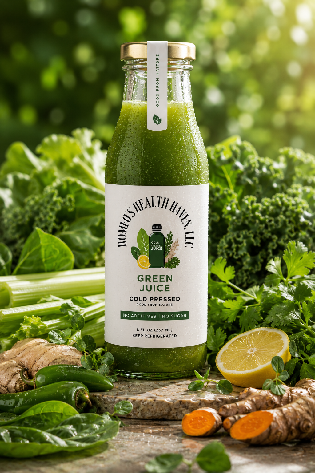 Green-Juice-Cold-Pressed-Detox-NYC A vibrant green cold-pressed juice bottle in NYC made with kale, spinach, and turmeric, designed for deep liver detox and cellular protection across all 12 body systems.