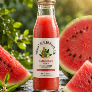 A refreshing bottle of cold-pressed watermelon juice in NYC, showing its vibrant red color rich in lycopene and citrulline for natural hydration and kidney support.