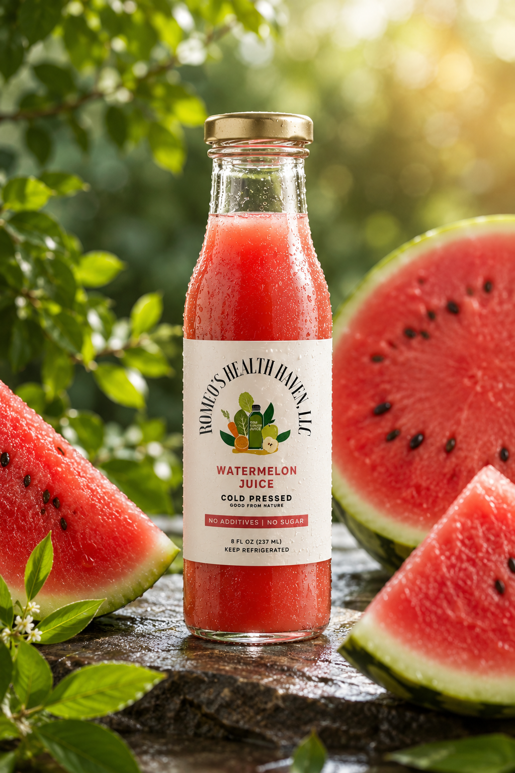 Watermelon-Juice-Hydration-Kidney-Cleanse-NYC A refreshing bottle of cold-pressed watermelon juice in NYC, showing its vibrant red color rich in lycopene and citrulline for natural hydration and kidney support.