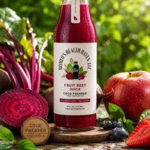 A glass bottle of Fruit Beet Juice with a deep ruby red color, surrounded by fresh strawberries, peaches, and organic beets, highlighting its role in skin health and hormone balance.