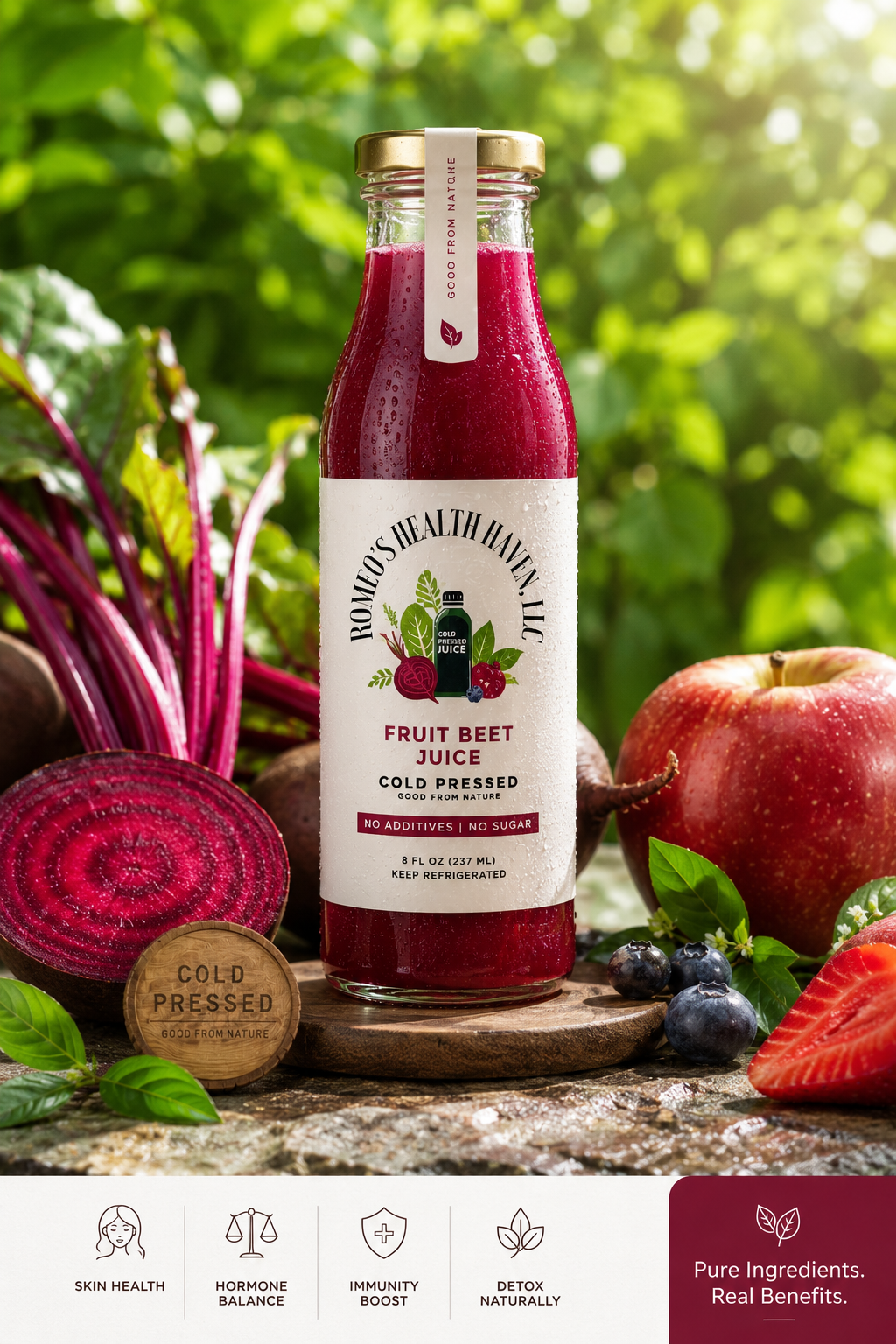 Fruit-Beet-Juice-Skin-Hormone-Health-NYC A glass bottle of Fruit Beet Juice with a deep ruby red color, surrounded by fresh strawberries, peaches, and organic beets, highlighting its role in skin health and hormone balance.