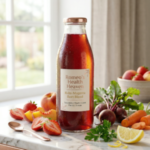 Romeo's Health Heaven Fruit Beet Juice in a glass bottle showing deep ruby red colour with strawberries, peach and beets