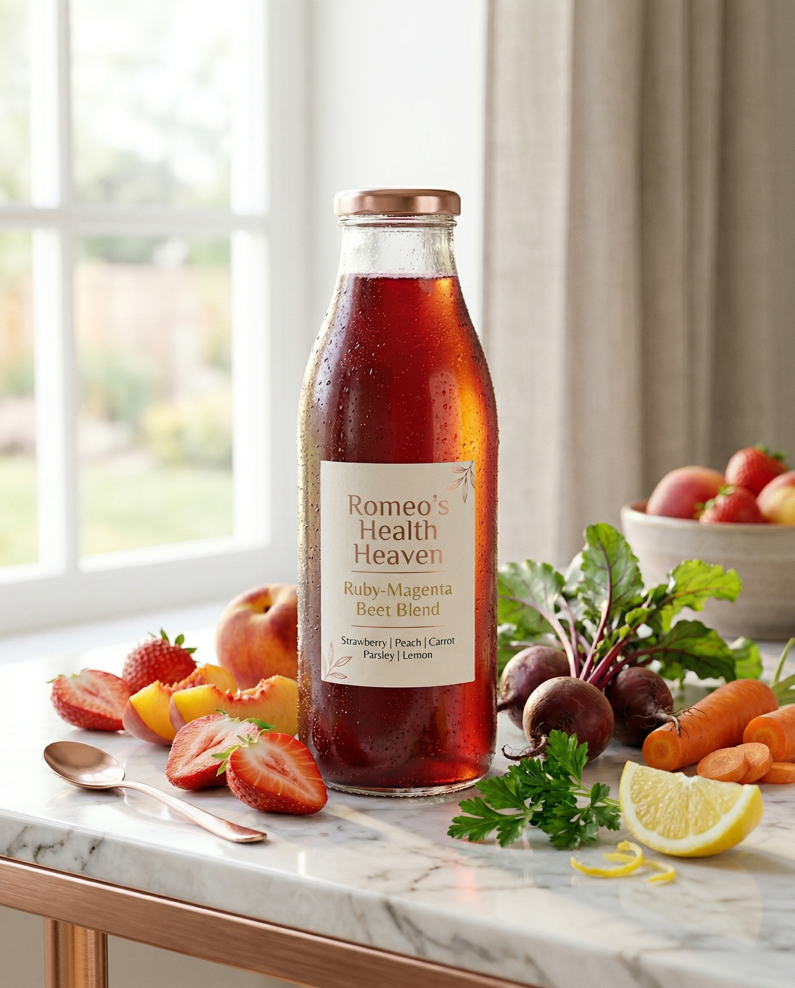 fruit-beet-juice-glass-bottle-nycc Romeo's Health Heaven Fruit Beet Juice in a glass bottle showing deep ruby red colour with strawberries, peach and beets