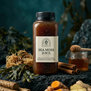 Romeo's Health Heaven Sea Moss Juice in a dark glass bottle with wild sea moss and bladderwrack on a dark stone surface