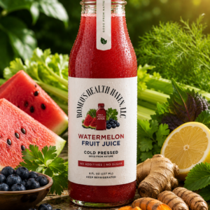 A bottle of Romeo's Health Heaven Watermelon Fruit Juice in NYC, featuring a vibrant pink-purple color from cold-pressed watermelon and blueberries, designed for brain health and skin radiance.