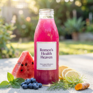 omeo's Health Heaven Watermelon Fruit Juice in a clear glass bottle showing vibrant pink-purple colour with watermelon and blueberries