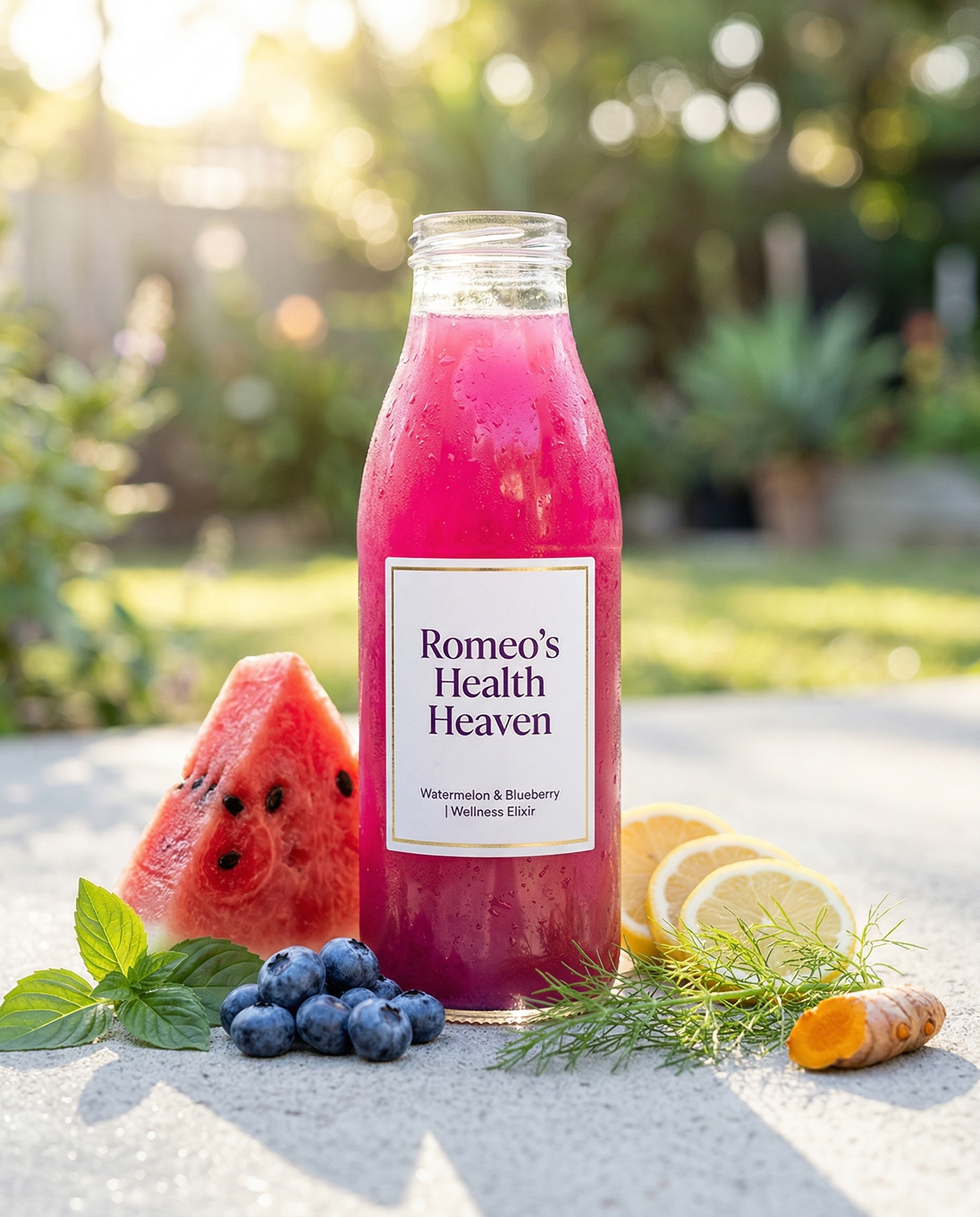 watermelon-fruit-juice-glass-bottle-nyc omeo's Health Heaven Watermelon Fruit Juice in a clear glass bottle showing vibrant pink-purple colour with watermelon and blueberries