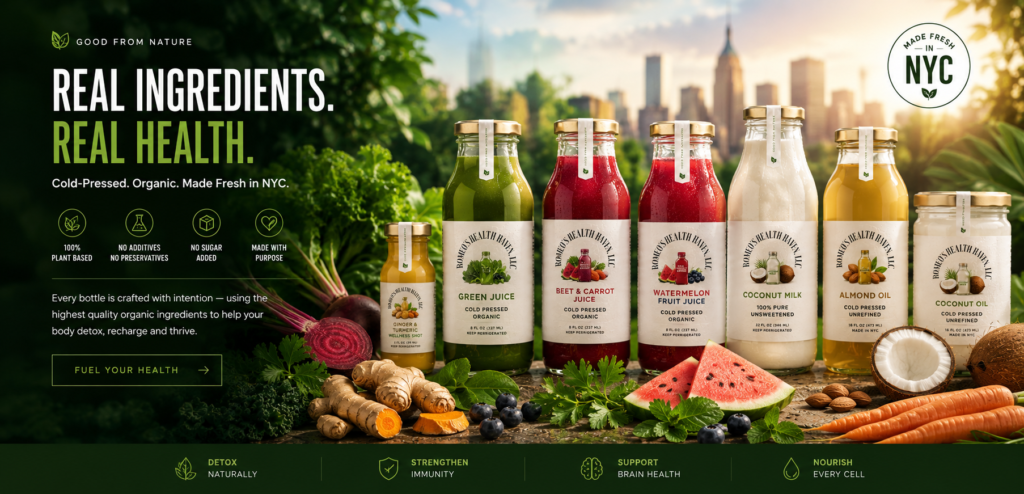 A complete collection of Romeo's Health Heaven cold-pressed juices and wellness shots in NYC, including Green Juice, Beet Carrot Juice, and Watermelon Fruit Juice, showcasing organic, plant-based nutrition for holistic health.